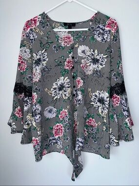 BCX Black Striped Floral Tie-Front Tunic with Pink & Green Accents